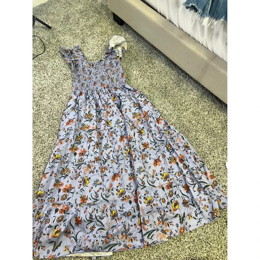 Hill House Home Ellie Nap Dress M Blue Botanical Floral Smocked Cotton Midi